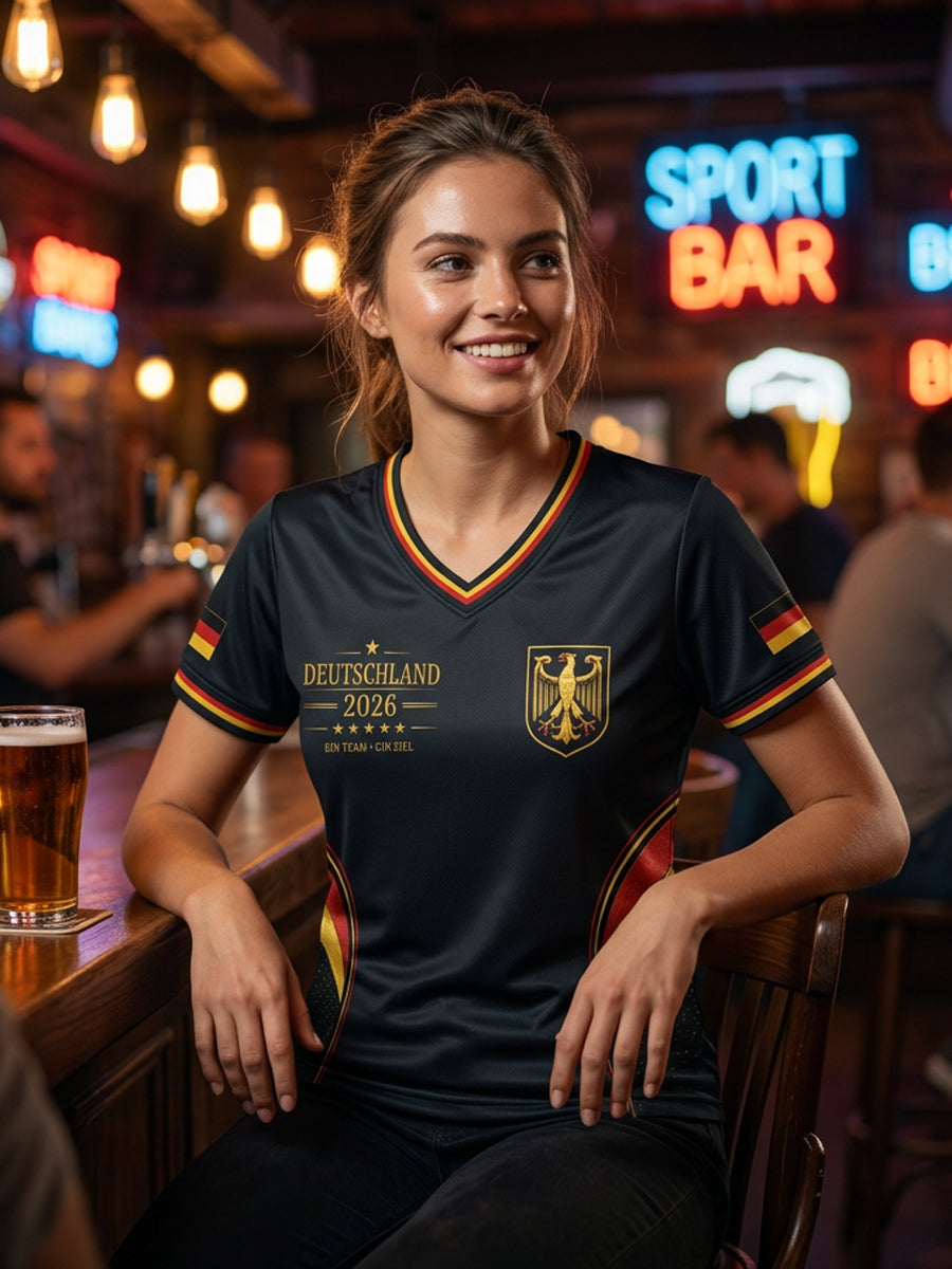 Damen-Fußballfan-T-Shirt mit Deutschland-Print und V-Ausschnitt
