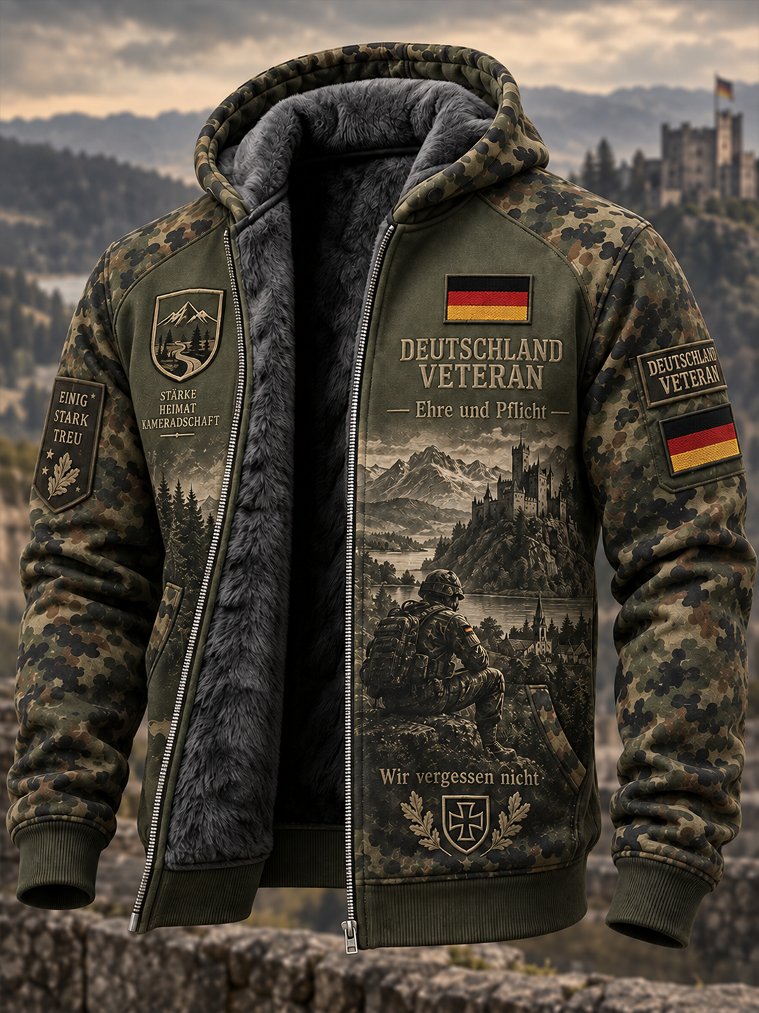 Herren Camouflage Langarm Kapuzen jacke mit Veteranen-Gedenk druck