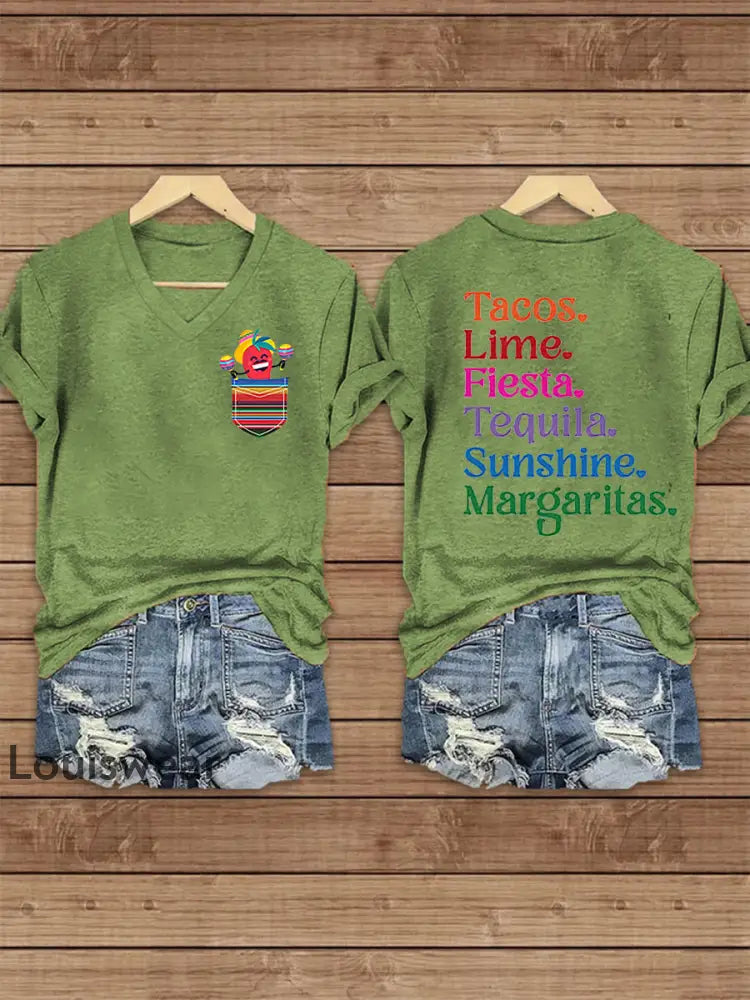 Damen Cinco De Mayo bedrucktes Kurzarm T-Shirt mit V-Ausschnitt Grün / S