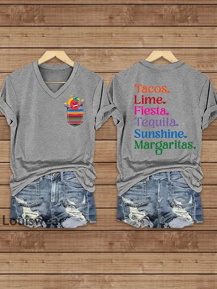 Damen Cinco De Mayo bedrucktes Kurzarm T-Shirt mit V-Ausschnitt Hellgrau / S