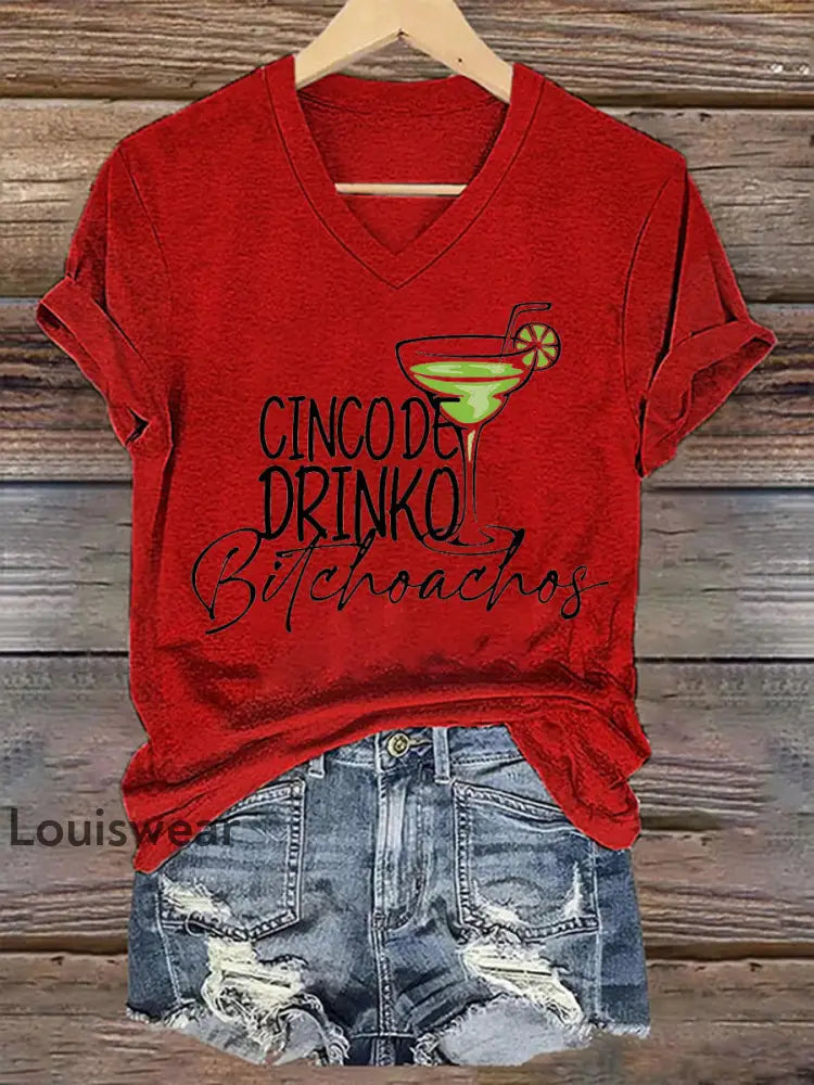Damen Cinco De Mayo bedrucktes Kurzarm T-Shirt mit V-Ausschnitt Rot / 3XL
