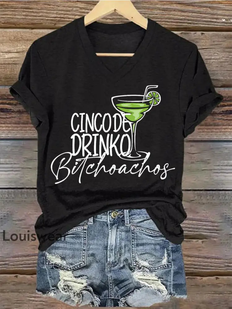 Damen Cinco De Mayo bedrucktes Kurzarm T-Shirt mit V-Ausschnitt Schwarz / S