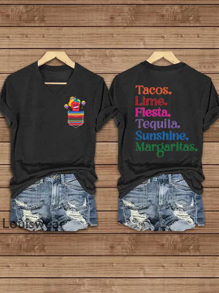 Damen Cinco De Mayo bedrucktes Kurzarm T-Shirt mit V-Ausschnitt Schwarz / S