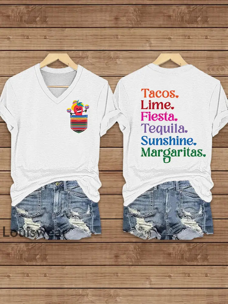 Damen Cinco De Mayo bedrucktes Kurzarm T-Shirt mit V-Ausschnitt Weiß / S