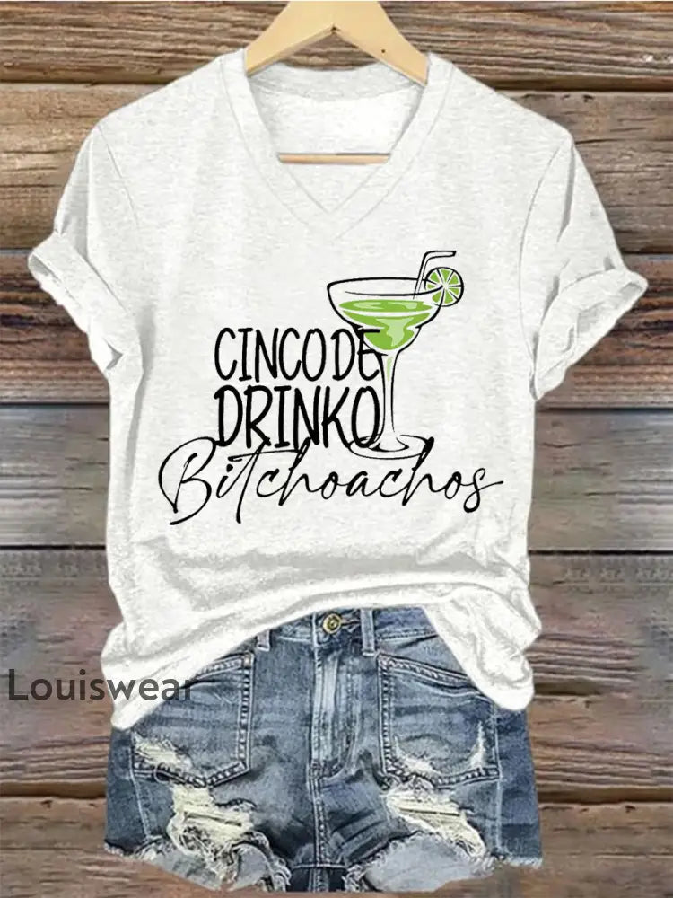 Damen Cinco De Mayo bedrucktes Kurzarm T-Shirt mit V-Ausschnitt Weiß / S