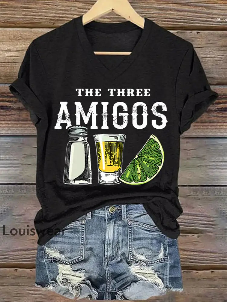 Damen lustig Die drei Amigos Cinco De Mayo Casual V-Ausschnitt T-Shirt Schwarz / S