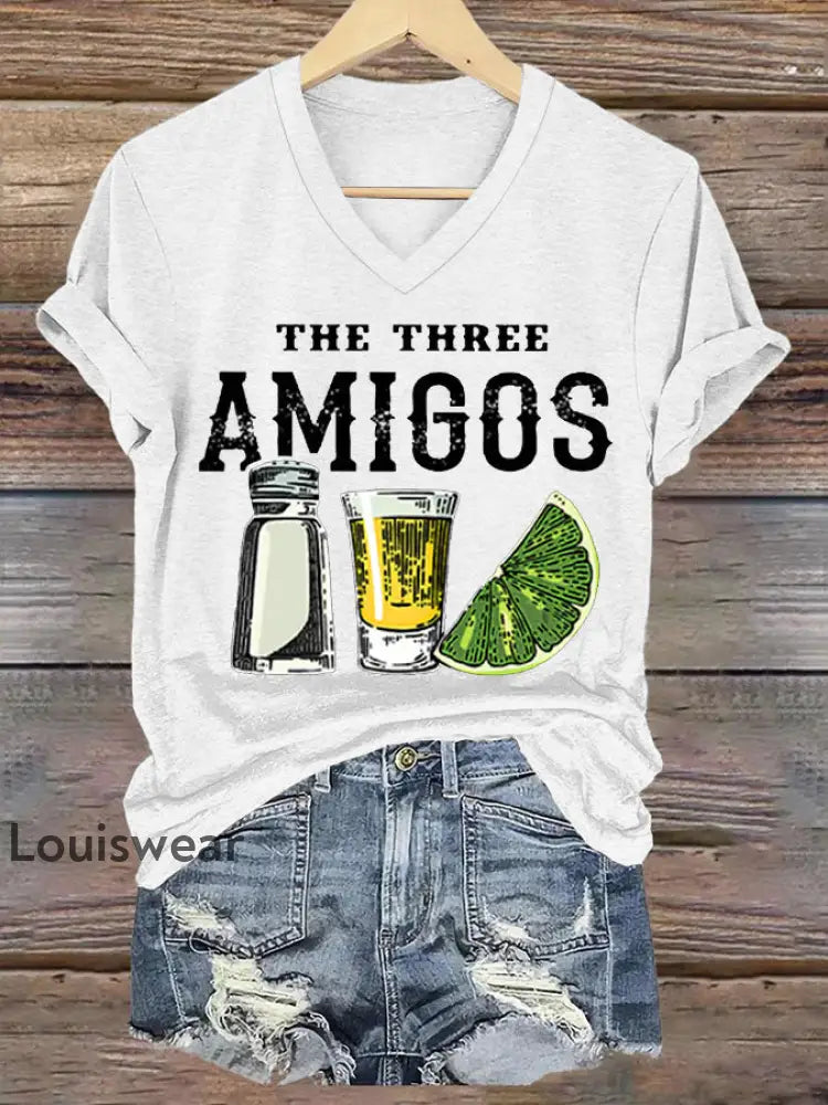 Damen lustig Die drei Amigos Cinco De Mayo Casual V-Ausschnitt T-Shirt Weiß / S