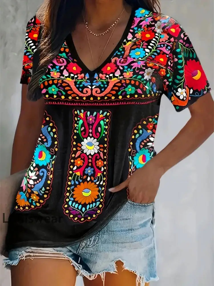 Damen Mexiko Cinco De Mayo Blumen kunst bedrucktes Top Schwarz / S