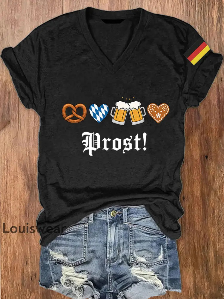 Damen T-Shirt mit V-Ausschnitt und Druck ’Deutscher Bier Tag - Prost’ Schwarz / S