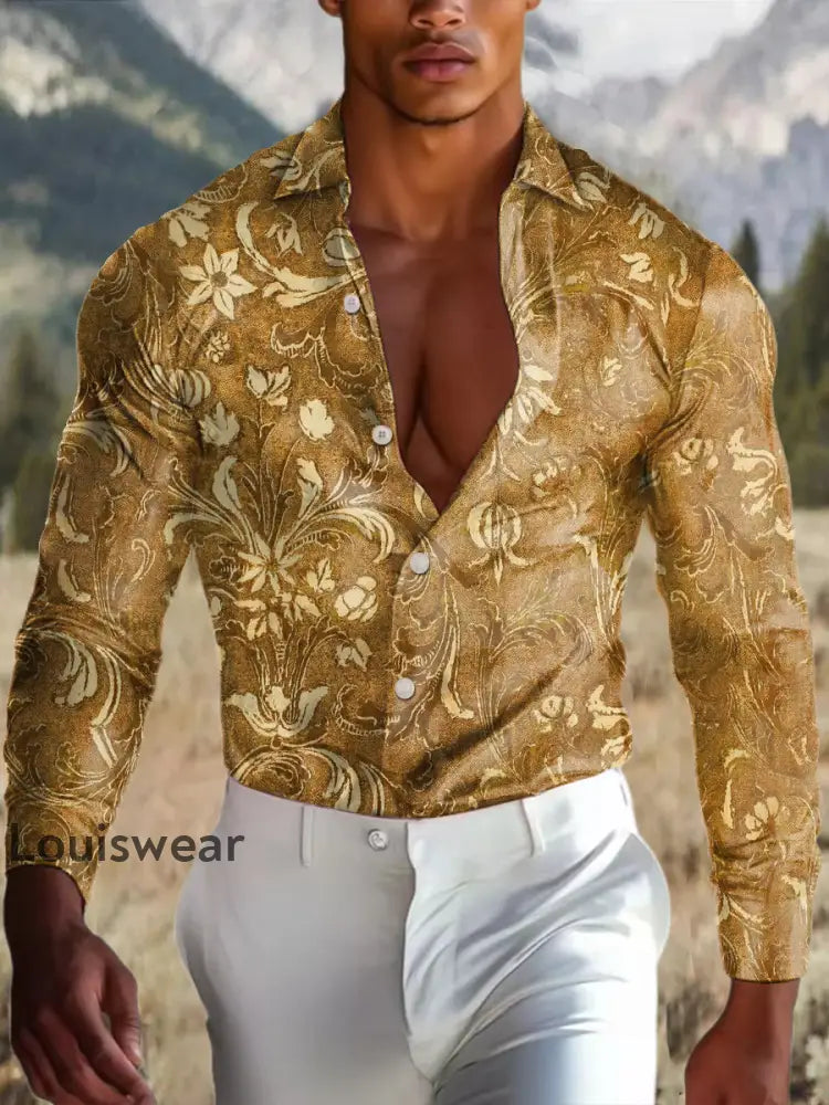 Herren Outdoor Vintage Western Ethnische Blumenmuster Royal Casual Baumwolle Satin Langarm Hemd als bild / S