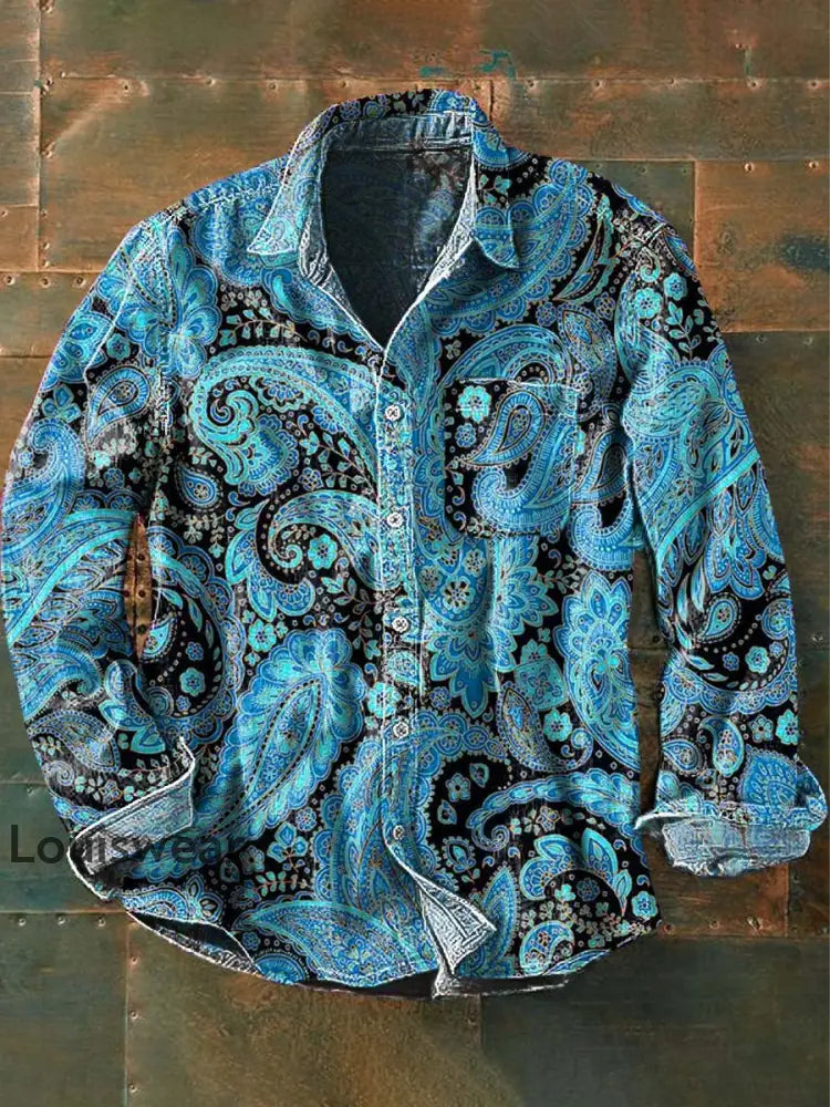 Herren Vintage Cashew Blumen druck Lässiges Langarm-Revers hemd Blau / S