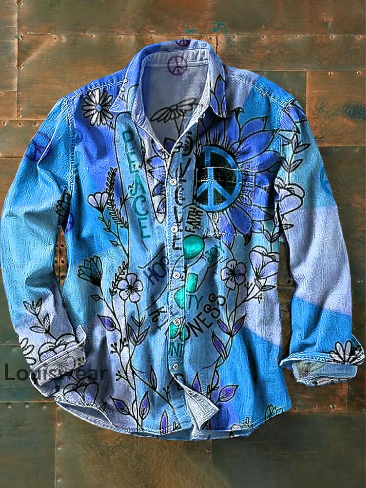 Herren Vintage Frieden und Liebe Daisy Art Print Baumwolle Revers Langarm Taschen hemd Blau / S