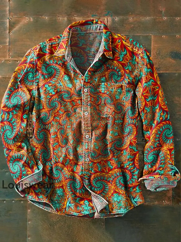 Herren Vintage Mehrfarbiges unregelmäßiges Wirbel-Kunstdruck-Revers-Langarm-Taschen hemd bunt / S
