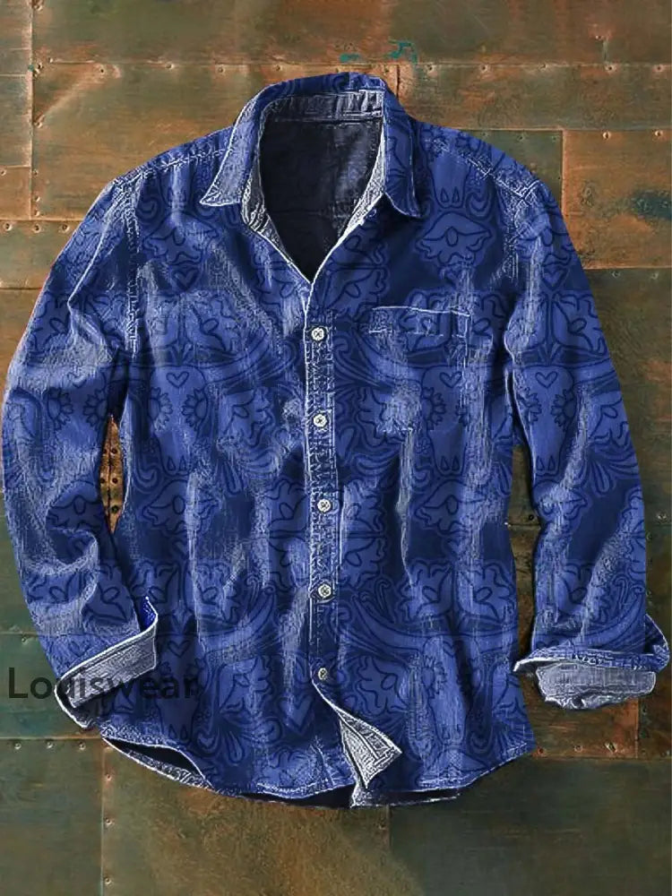 Herren Westliches Muster Kuh druck Lässiges Revers-Langarm-Shirt Blau / S