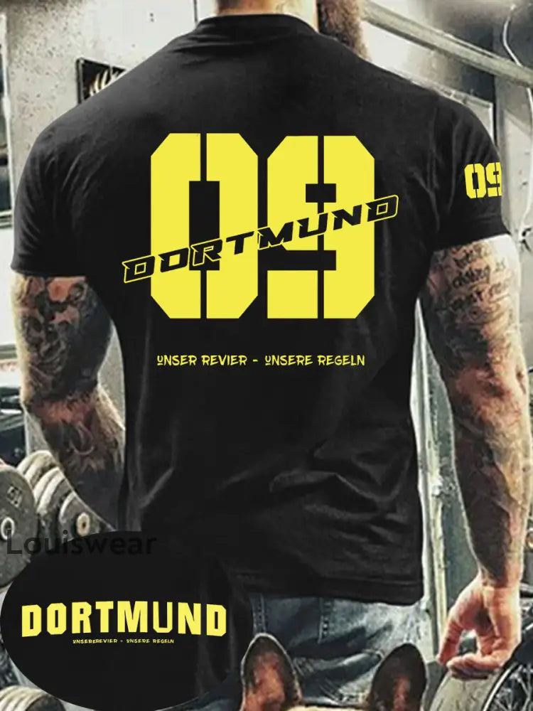 Männer Dortmund bedrucktes Kurzarm-T-Shirt Schwarz / S