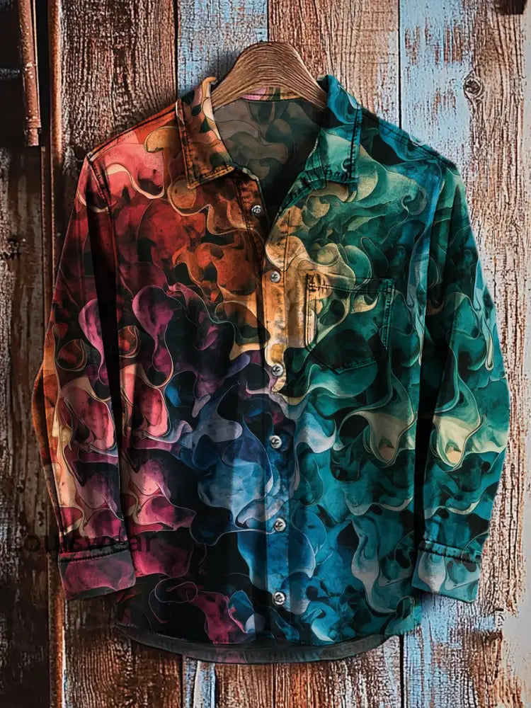 Retro abstraktes Gradienten-Kunstdruck-Lässiges Langarm-Hemd A / S
