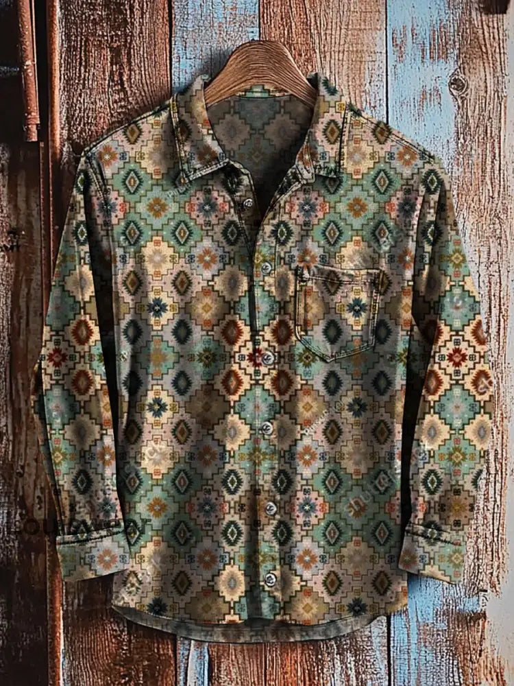 Retro abstraktes Gradienten-Kunstdruck-Lässiges Langarm-Hemd A / S