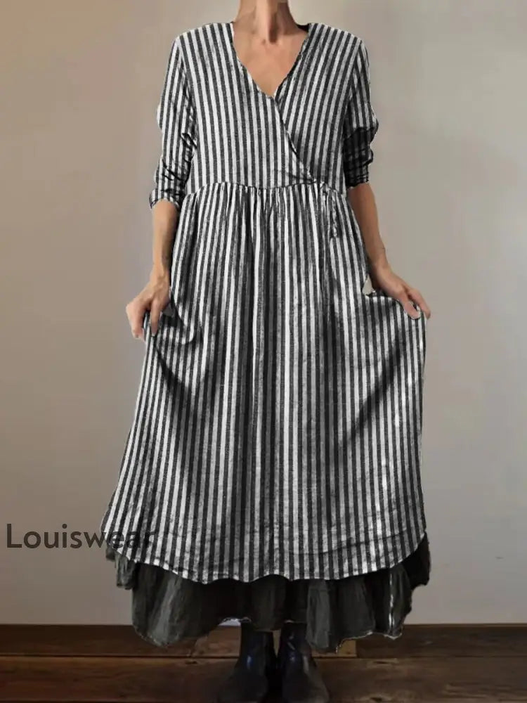 Retro Einfacher Fransen druck Vintage V-Ausschnitt Doppel-Saum Baumwolle Langarm Midi-Kleid A / S
