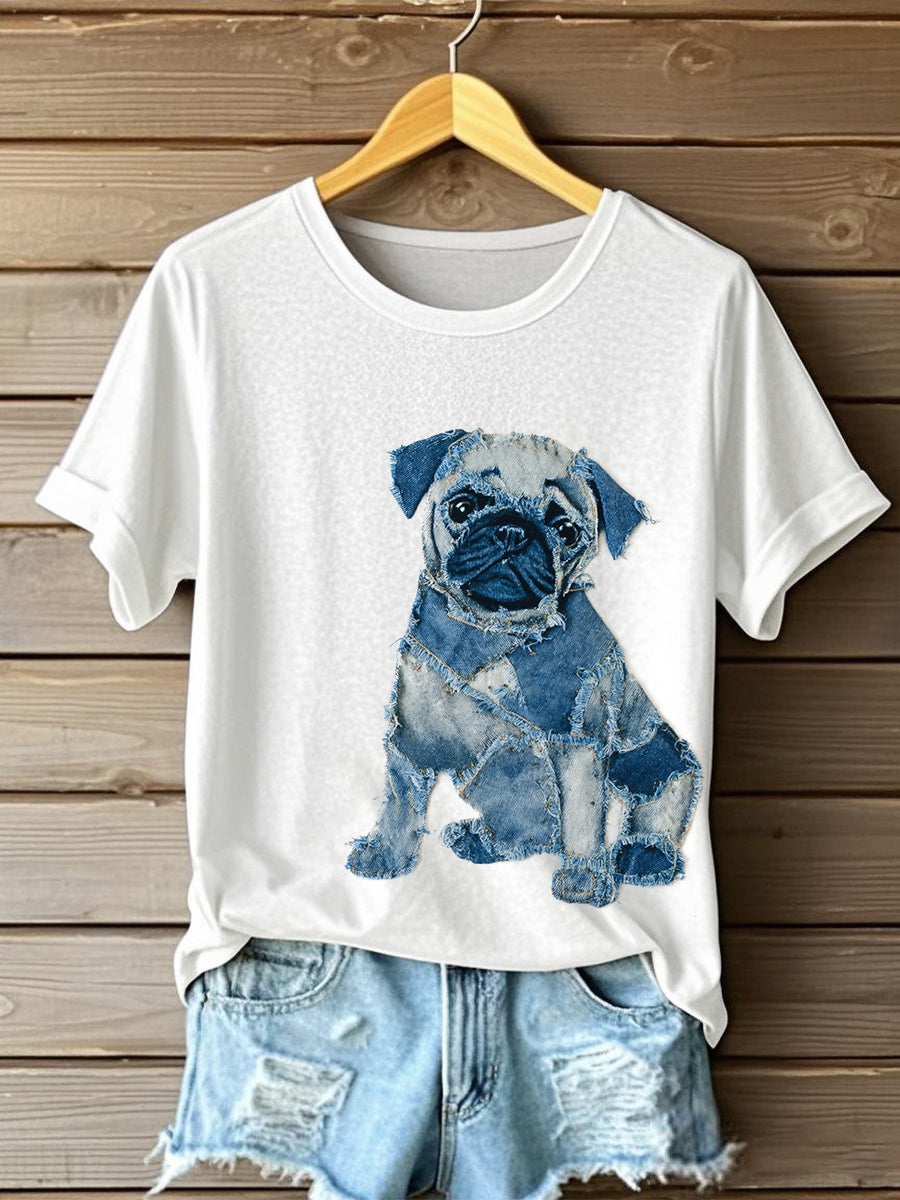 Frauen niedliches Hund Patchwork Kunst Kurzarm T-Shirt