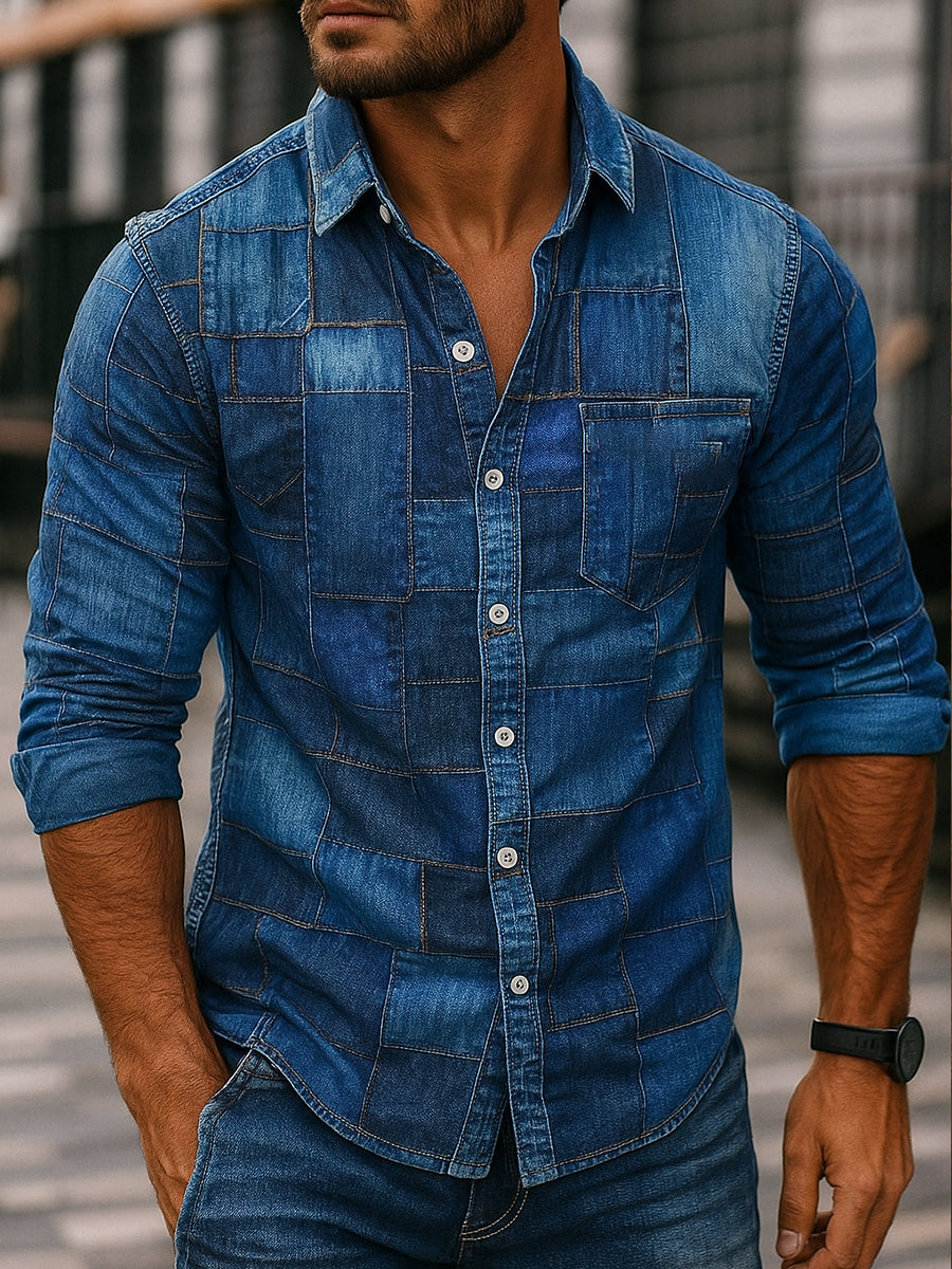 Retro abstraktes Gradienten-Kunstdruck-Lässiges Langarm-Hemd