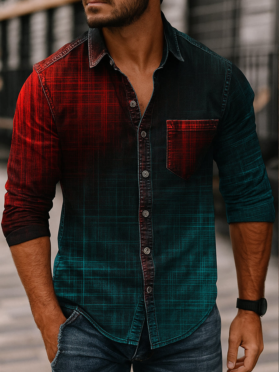 Retro abstraktes Gradienten-Kunstdruck-Lässiges Langarm-Hemd