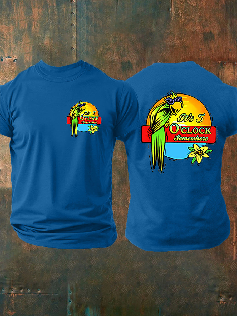 Herren Es ist 5:00 Irgendwo immer Happy Hour Paradise Parrot Print Casual Kurzarm T-Shirt