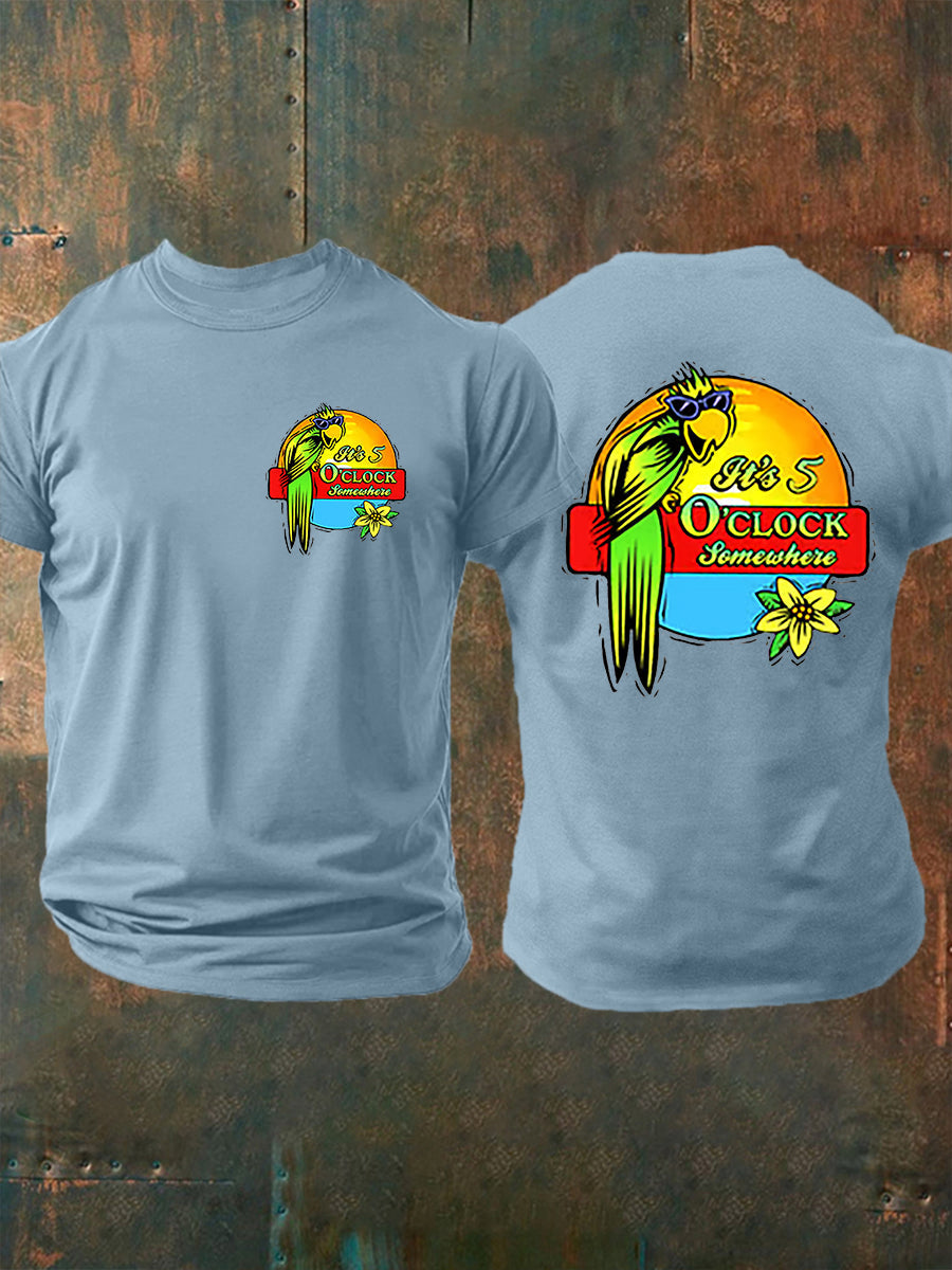 Herren Es ist 5:00 Irgendwo immer Happy Hour Paradise Parrot Print Casual Kurzarm T-Shirt