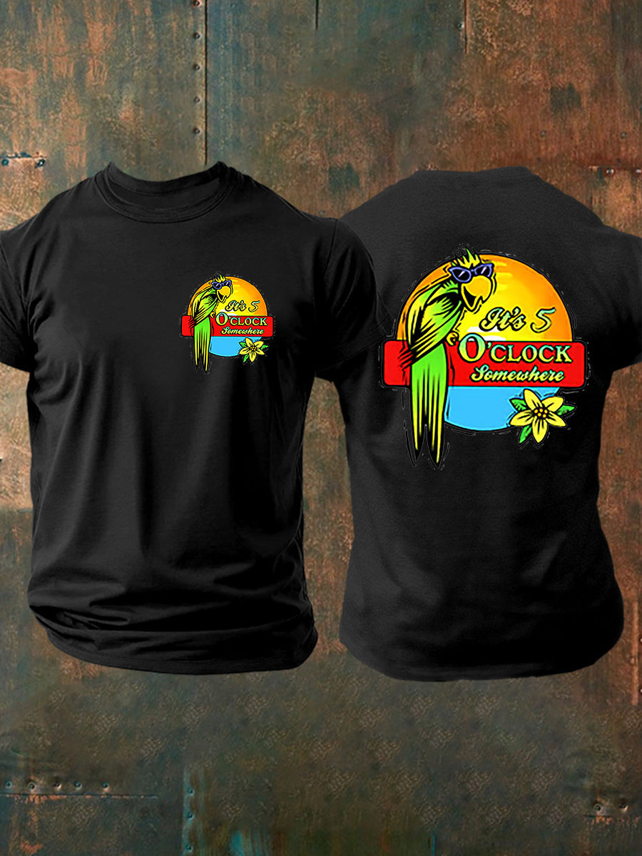 Herren Es ist 5:00 Irgendwo immer Happy Hour Paradise Parrot Print Casual Kurzarm T-Shirt