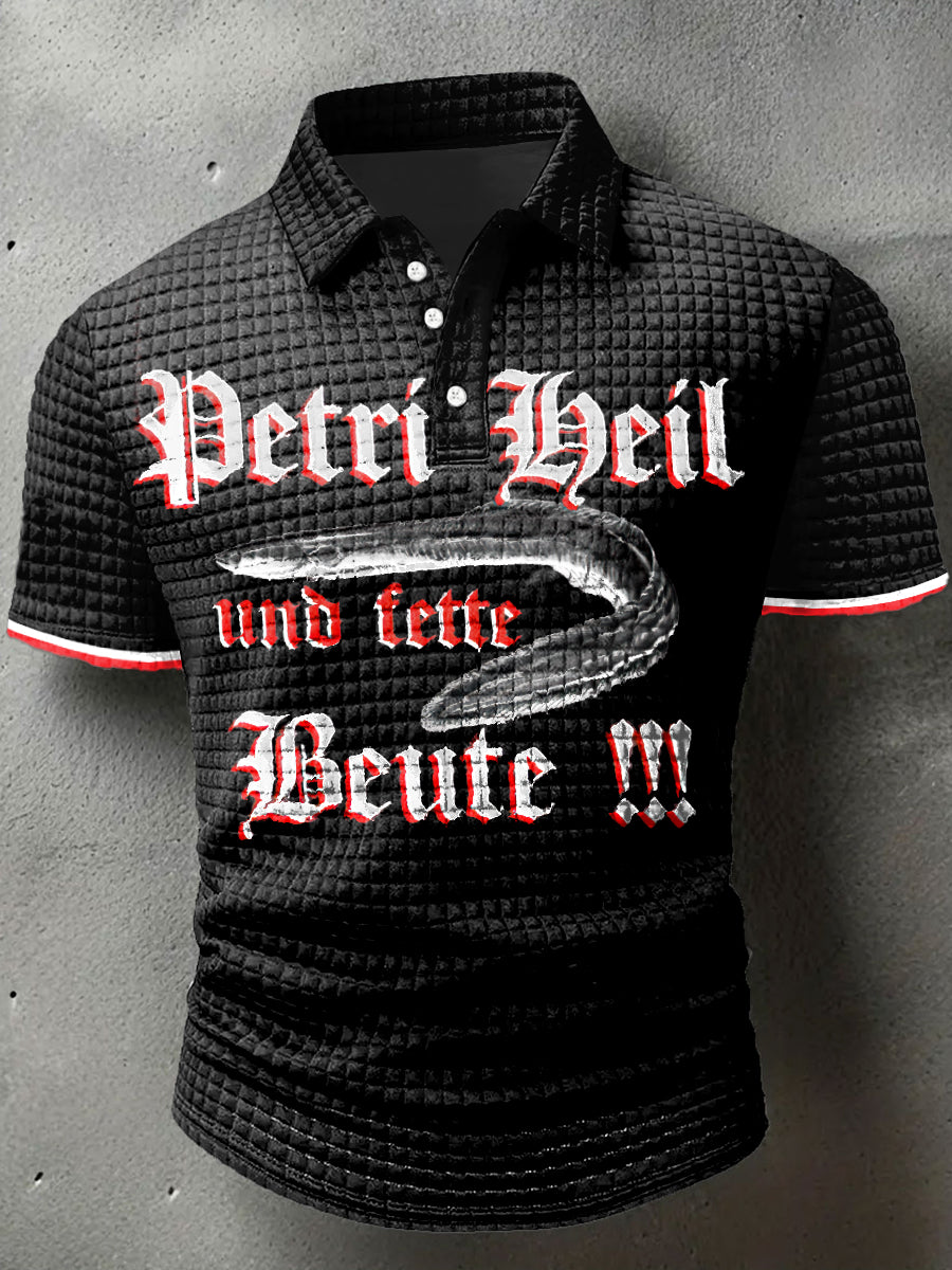 Männer Deutsch Hairtail Fisch Print Waffel Polo Hals Kurzarm T-Shirt