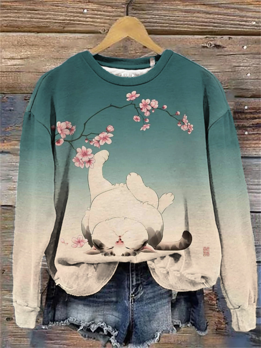 Damen Japanische Kunst Katze Print Sweatshirt