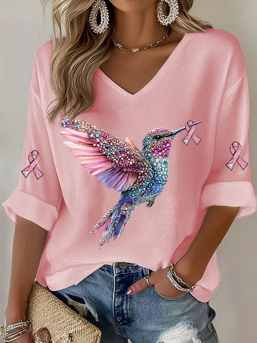 Frauen Brustkrebs Kolibri Print Casual T-Shirt