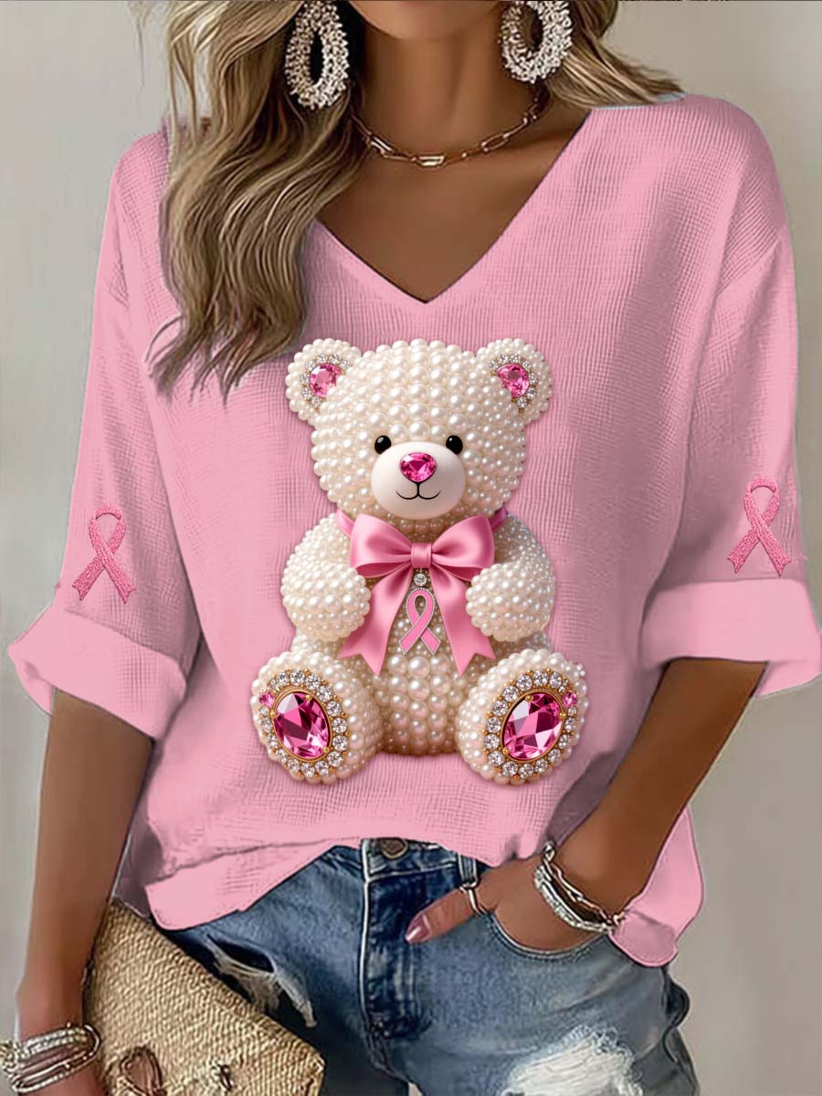 Vintage Breast Cancer Bear Perlen Abstrakt Print Lässiges T-Shirt aus Baumwolle mit langen Ärmeln