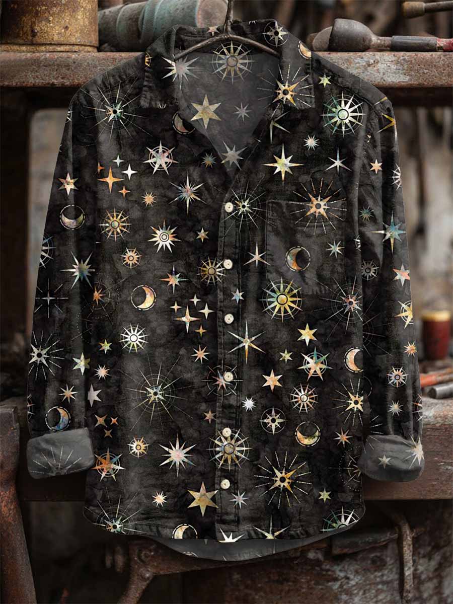 Herren Retro-Shirt mit Sonne und Mond druck Langarm