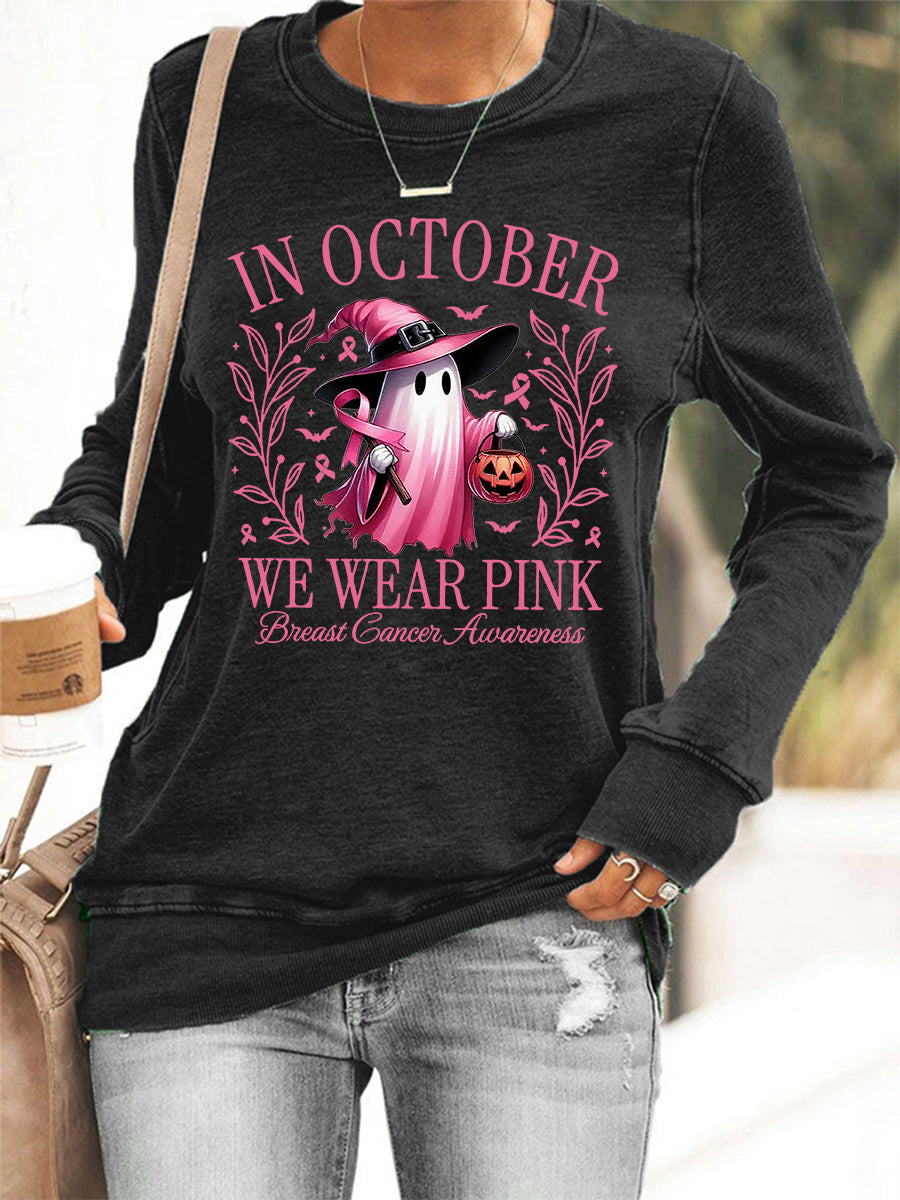 Frauen im Oktober tragen wir rosa Halloween rosa Geist Brustkrebs Bewusstsein Unterstützung Sweatshirt