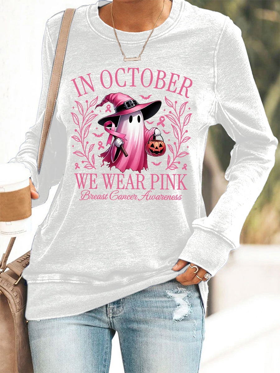 Frauen im Oktober tragen wir rosa Halloween rosa Geist Brustkrebs Bewusstsein Unterstützung Sweatshirt
