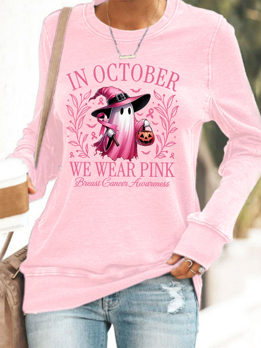 Frauen im Oktober tragen wir rosa Halloween rosa Geist Brustkrebs Bewusstsein Unterstützung Sweatshirt