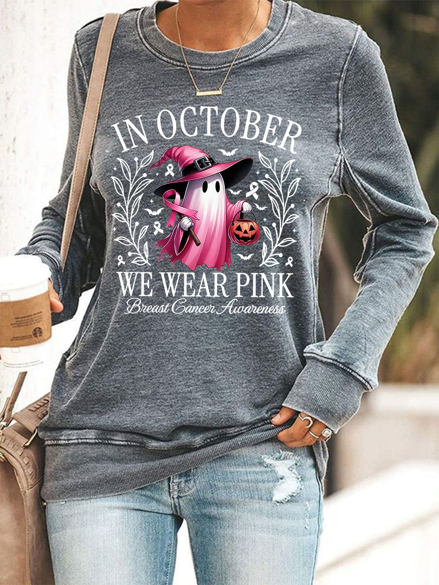 Frauen im Oktober tragen wir rosa Halloween rosa Geist Brustkrebs Bewusstsein Unterstützung Sweatshirt