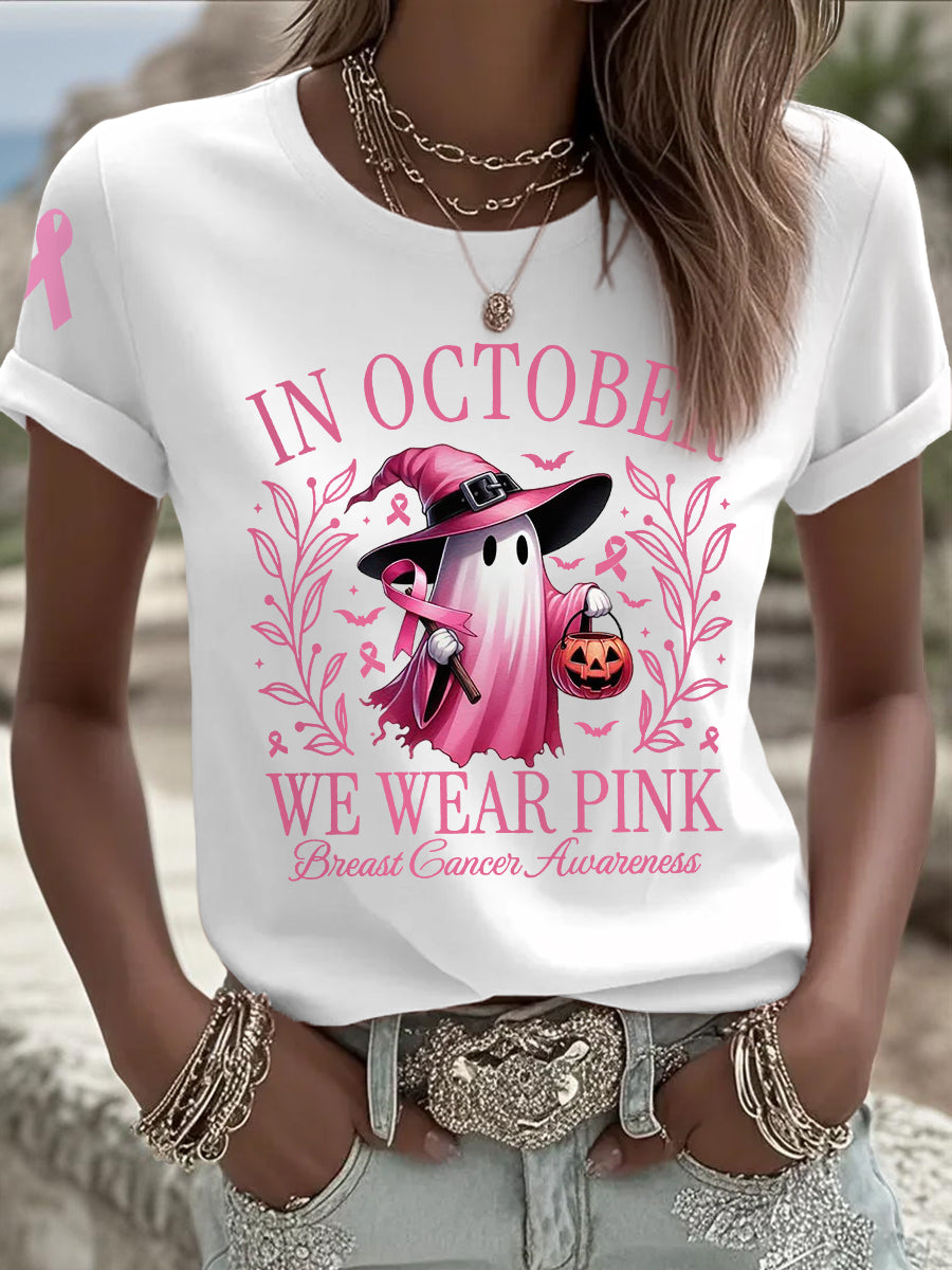 Frauen im Oktober tragen wir rosa Halloween Pink Ghost Print Brustkrebs Bewusstsein Unterstützung T-Shirt