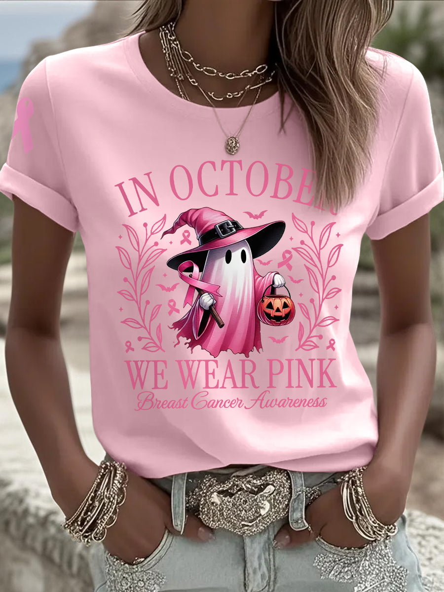 Frauen im Oktober tragen wir rosa Halloween Pink Ghost Print Brustkrebs Bewusstsein Unterstützung T-Shirt