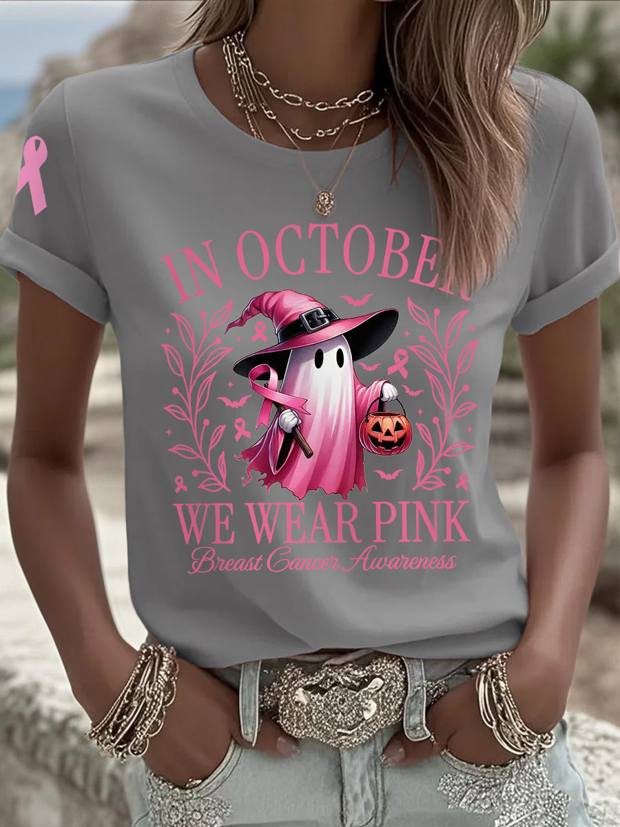 Frauen im Oktober tragen wir rosa Halloween Pink Ghost Print Brustkrebs Bewusstsein Unterstützung T-Shirt