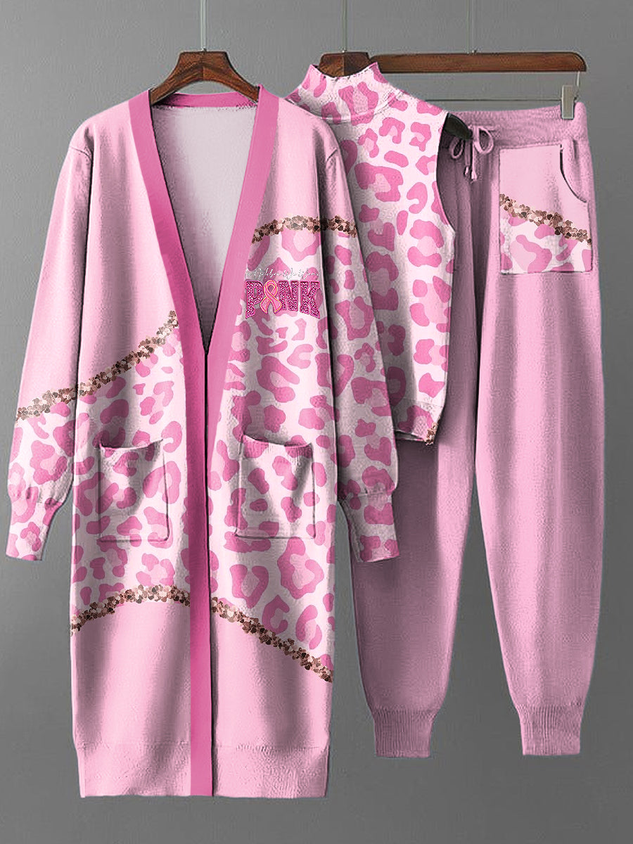 Dreiteiliges Damen-Vintage-Set aus rosafarbener Leoparden muster