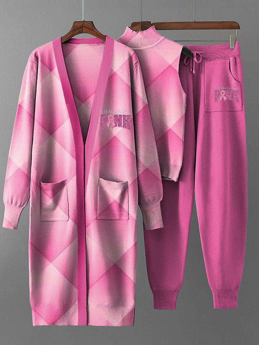 Dreiteiliges Damen-Vintage-Set mit rosa Plaid-Mantel