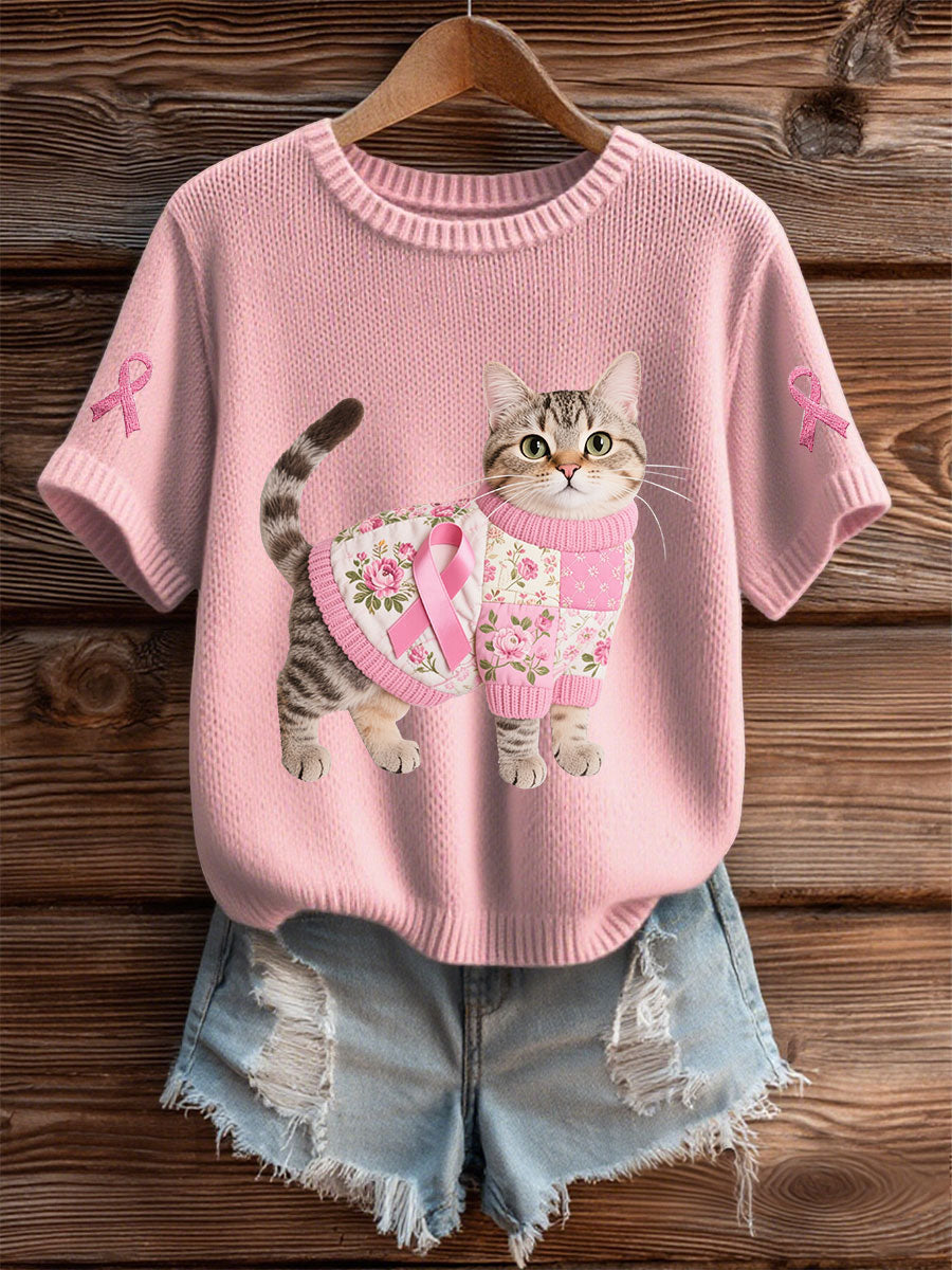 Damen Katze Rosa Band Print Casual T-Shirt