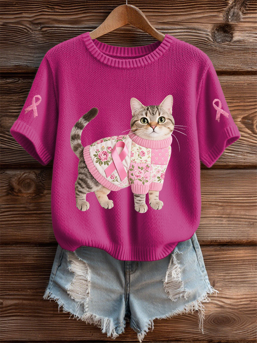 Damen Katze Rosa Band Print Casual T-Shirt