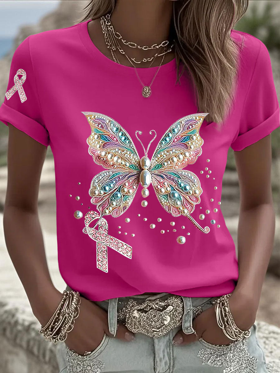 Frauen Brustkrebs Bewusstsein Rosa Band Print Casual T-Shirt
