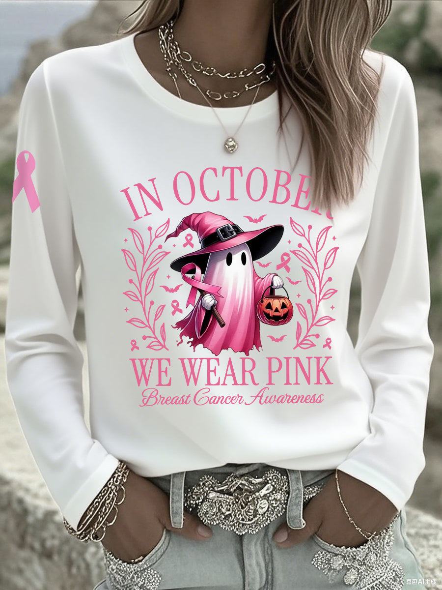 Frauen im Oktober tragen wir rosa Halloween rosa Geist Brustkrebs Bewusstseins unterstützung Langarm T-Shirt