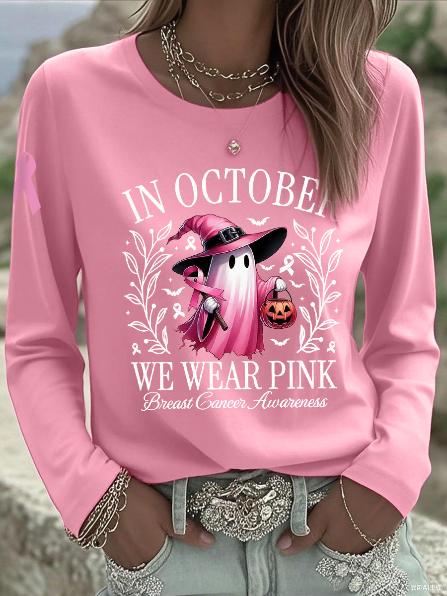 Frauen im Oktober tragen wir rosa Halloween rosa Geist Brustkrebs Bewusstseins unterstützung Langarm T-Shirt
