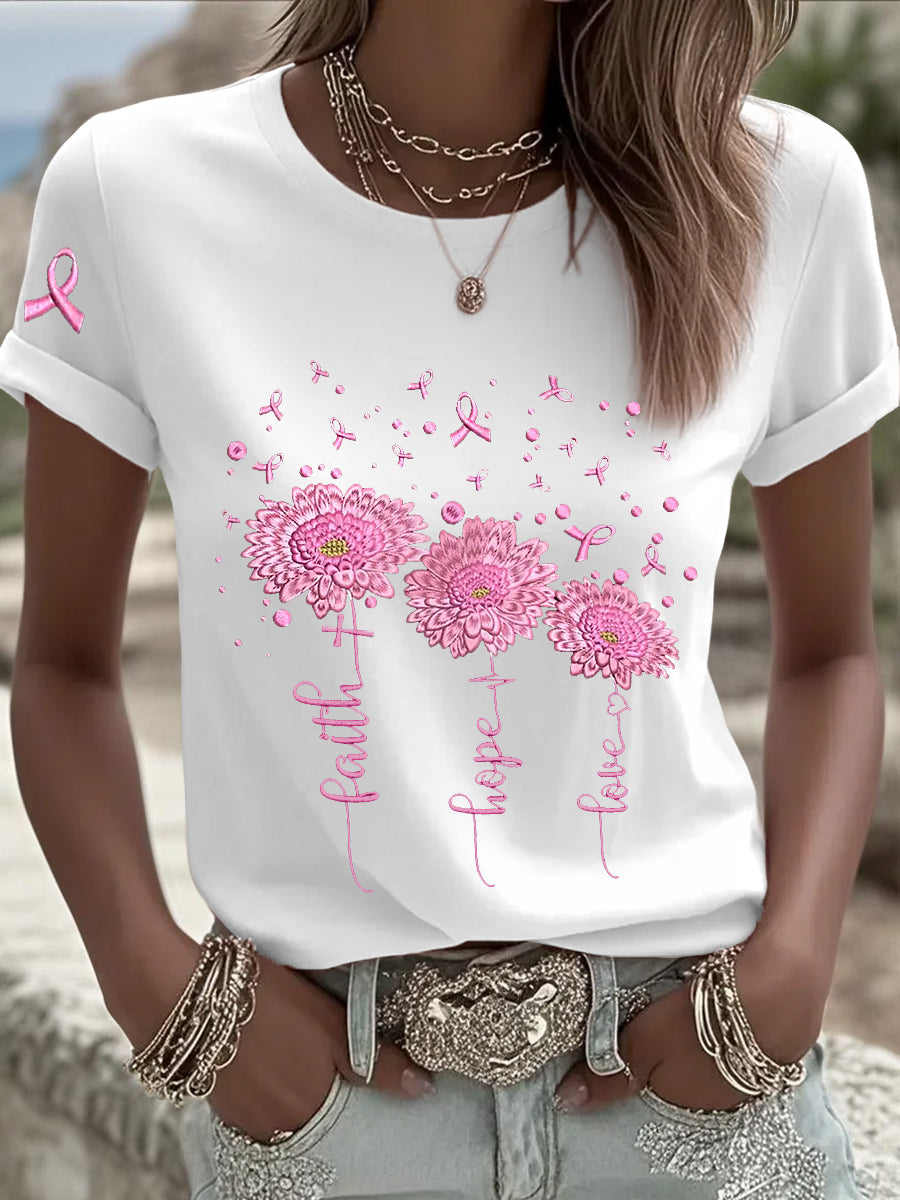 Frauen Brustkrebs Bewusstsein Sonnenblume Rosa Band Kurzarm T-Shirt