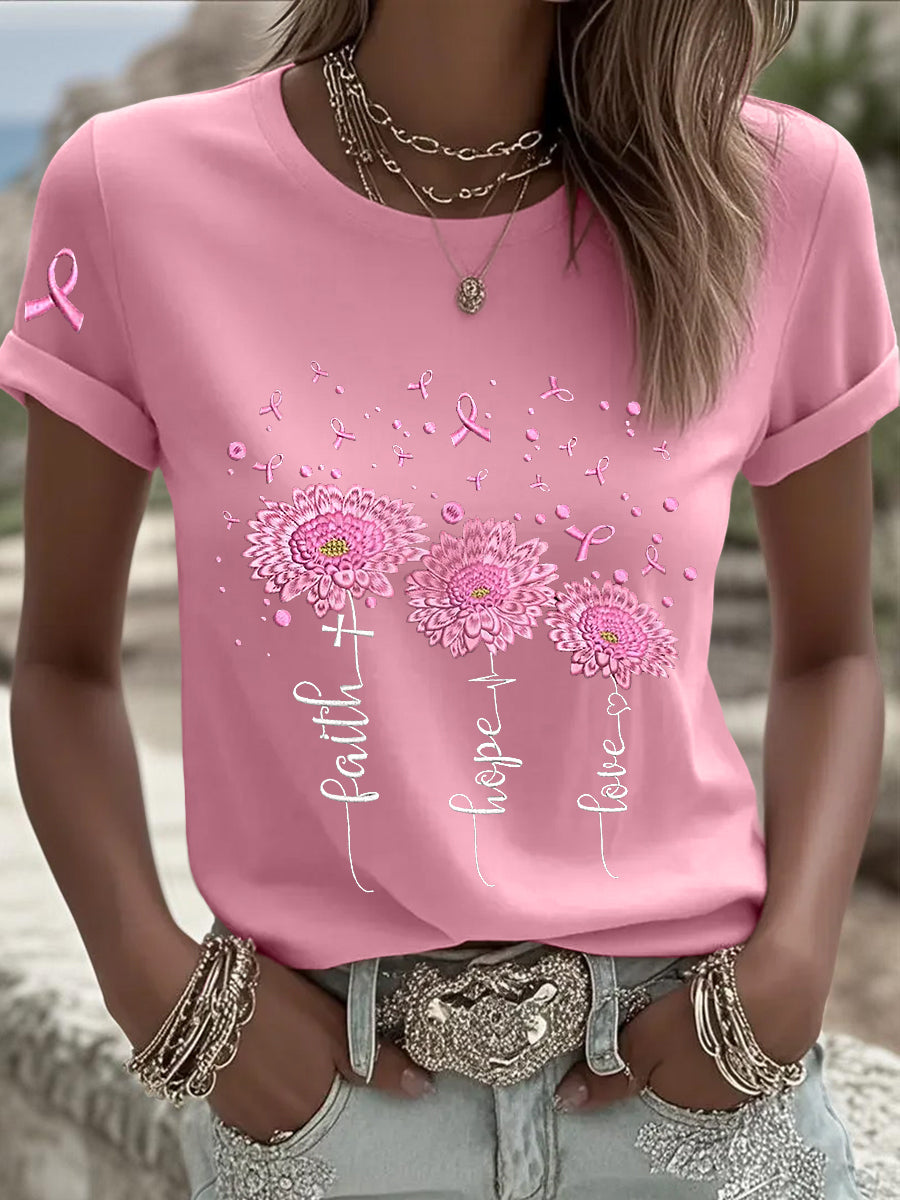 Frauen Brustkrebs Bewusstsein Sonnenblume Rosa Band Kurzarm T-Shirt