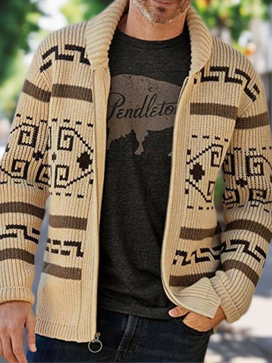 Herren Winter Retro indische Kultur Geometrisches Muster Schal Kragen Reiß verschluss Pullover Strickjacke